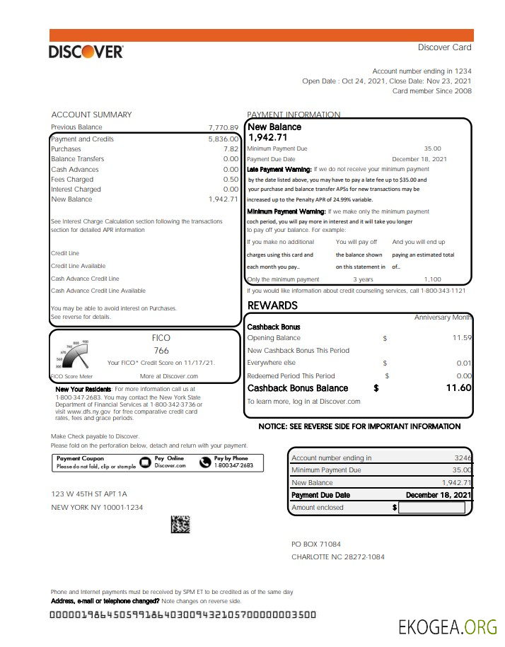 Modèle de relevé bancaire USA Discover au format Excel et PDF (fichier .xls et .pdf)